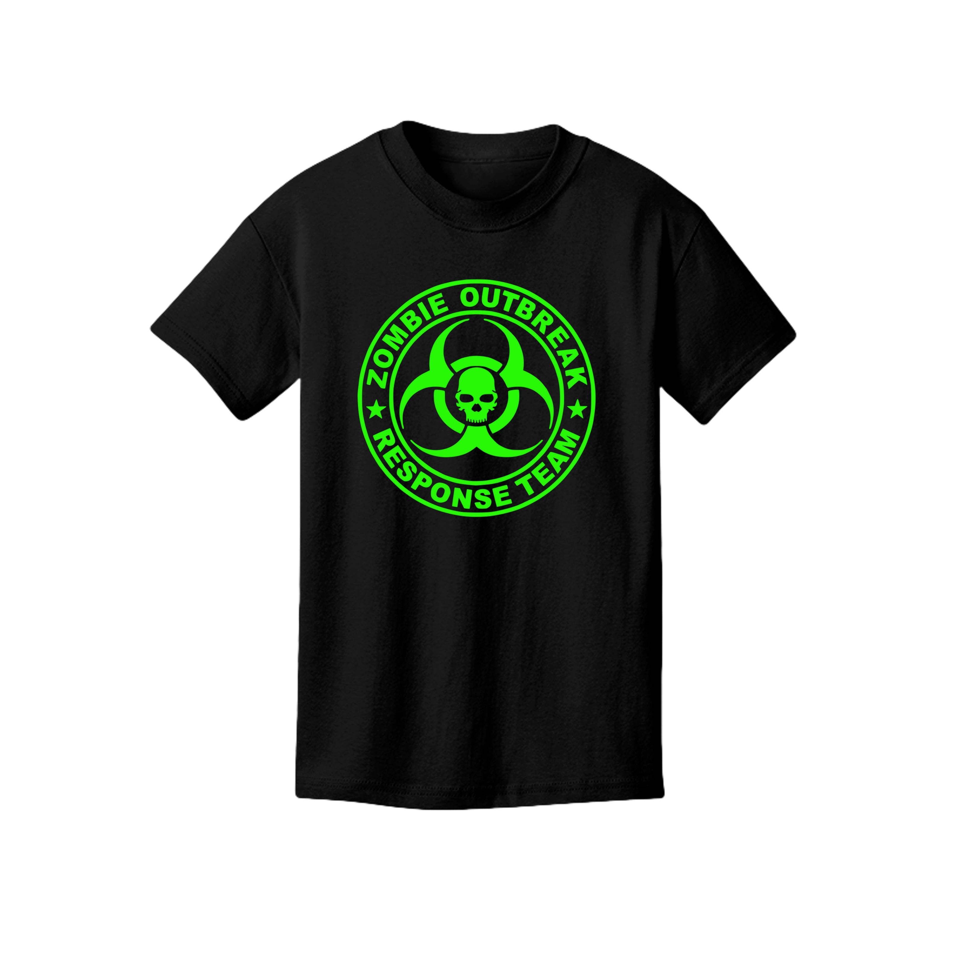 ndm:890183-Front-Black-Kids Zombie Outbreak Halloween graphic tee — kids spooky season apparel by Stu Borncat Creations