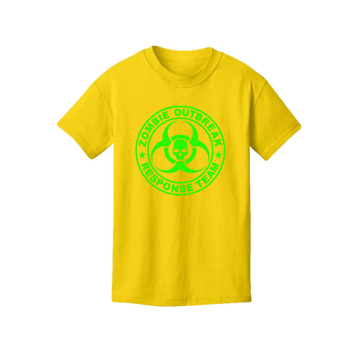 ndm:890185-Front-Yellow Gold-Kids Zombie Outbreak Halloween graphic tee — kids spooky season apparel by Stu Borncat Creations
