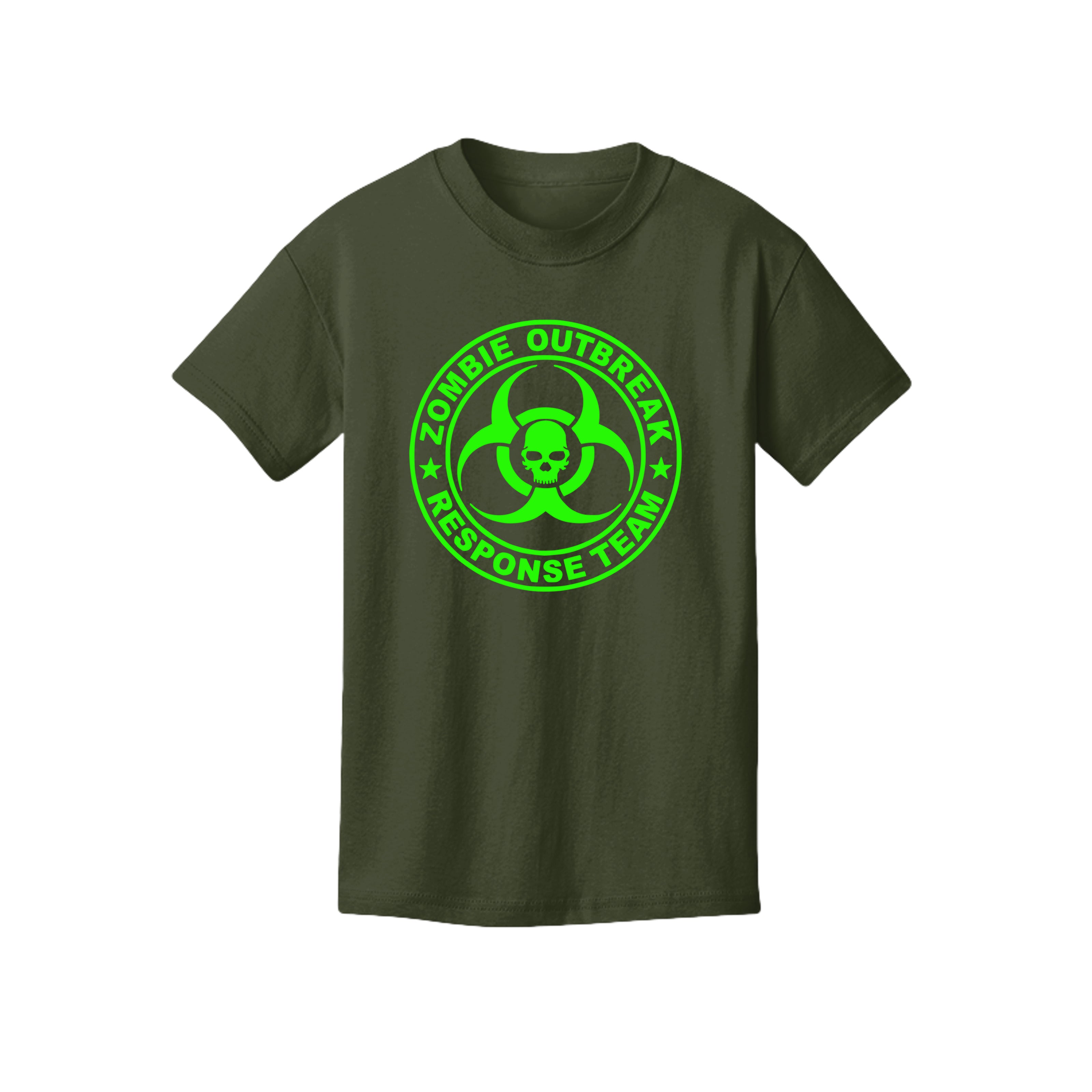 ndm:890187-Front-Military Green-Kids Zombie Outbreak Halloween graphic tee — kids spooky season apparel by Stu Borncat Creations