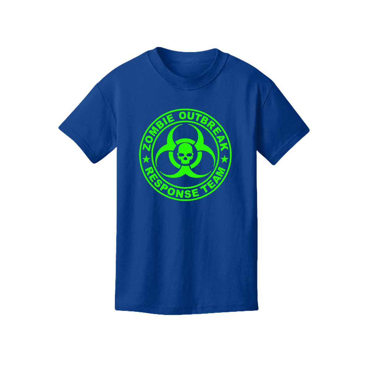 ndm:890189-Front-Royal-Kids Zombie Outbreak Halloween graphic tee — kids spooky season apparel by Stu Borncat Creations