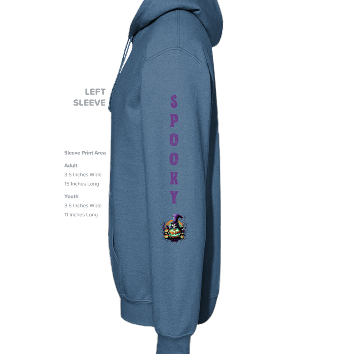 ndm:891743Left_ Sleeve-Indigo Blue-Spooky Halloween adult hoodie — black spooky season apparel by Stu Borncat Creations